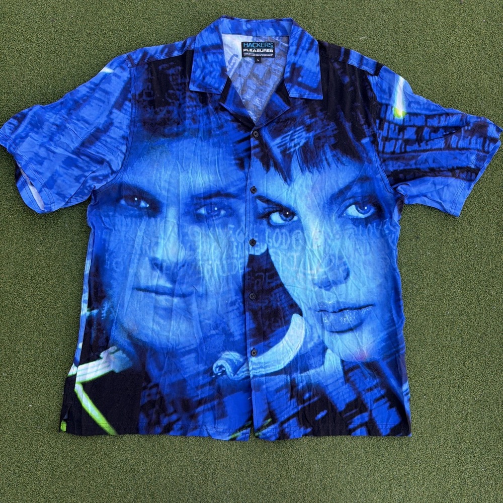 Pleasures x Hackers Virus Button Up Shirt  Rayon Angelina Jolie Size Large Aloha